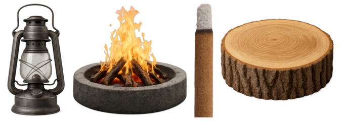 Collection of four rustic camping items including a vintage lantern, a burning fire pit, an unlit cigar, and a wooden tree stump for outdoor adventure and survival themes