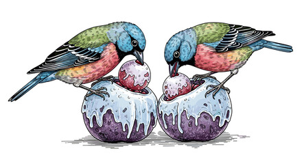 Vibrant birds sharing ice cream cones in playful interaction  