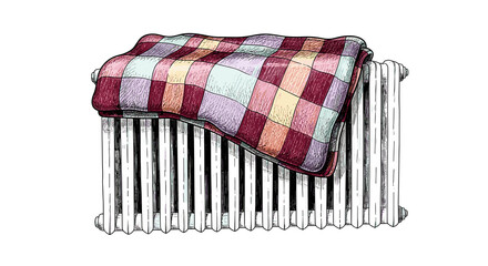 Cozy plaid blanket draped over a vintage radiator in winter  
