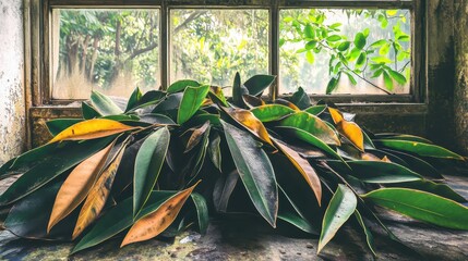 Desiccated leaves of a houseplant piled in a corner by a window