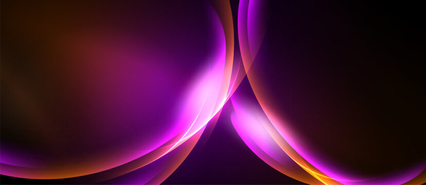 Abstract design features flowing curves, vibrant purple hues, orange accents. Dark background emphasizes luminous shapes, creating dynamic visual impact.