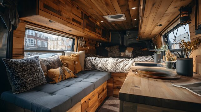 Conversion camper van interior displays cozy, rustic wooden finishes and comfortable seating