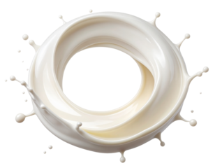 Smooth Vanilla Milk Splash Ring in Motion with Scattered Droplets, Transparent Background