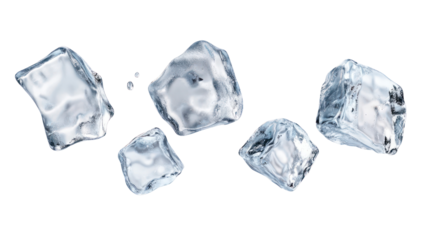 Five uniquely shaped ice pieces falling in mid-air overhead on transparent background