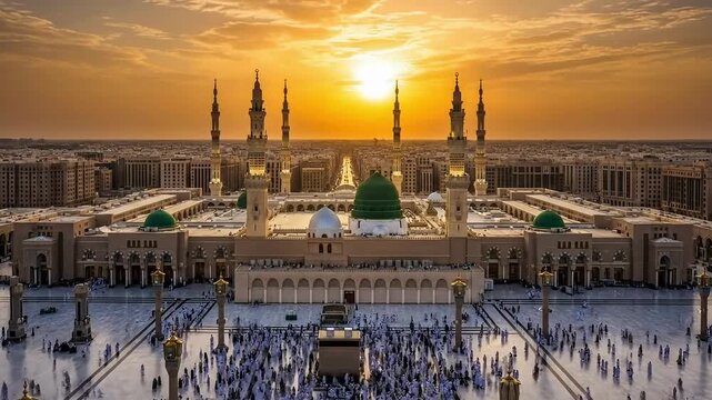 Golden sunset bathes Masjid Nabawi in spiritual light with pilgrims moving peacefully below the mosque