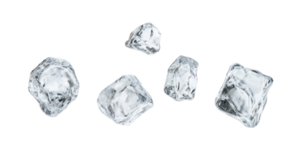 Five uniquely shaped ice pieces falling in mid-air overhead on transparent background