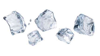 Five uniquely shaped ice pieces falling in mid-air overhead on transparent background