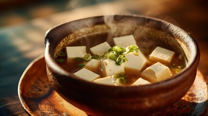 Steaming hot savory broth filled with cubes of soft white soybean curd and garnished with fresh green onions is served in a rustic bowl