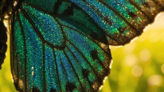 Close-up of beautiful blue green butterfly wing with sparkling details