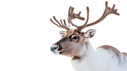 Close up of a reindeer head with antlers isolated on transparent background