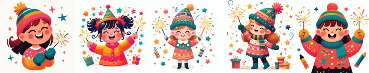 vector little girl playing fireworks new year celebration
