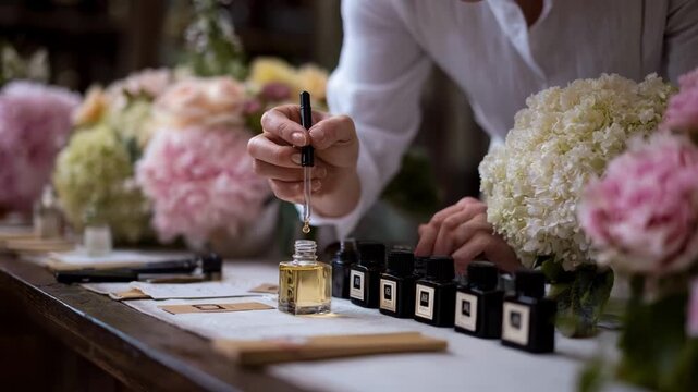 Fragrance expert selecting fresh blooms and carefully measuring essential oils capturing the harmonious balance of floral notes for a personalized scent blend.