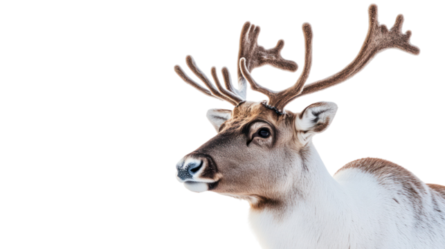 Close up of a reindeer head with antlers isolated on transparent background