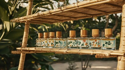Fragrance bottles displayed on a bamboo shelf in natural light