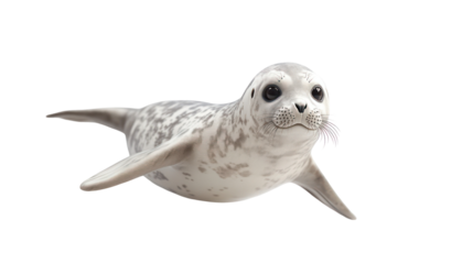 Cute spotted seal pup swimming isolated on transparent background