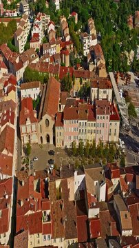  Aerial view of ancient streets and houses of the historic center of the city of Hyeres in the Var department on the azure coast