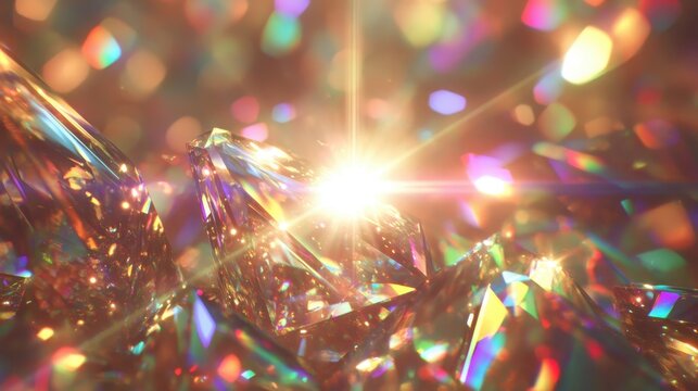 Gleaming multifaceted crystal prisms refracting bright light with vibrant colorful bokeh effects - Powered by Adobe
