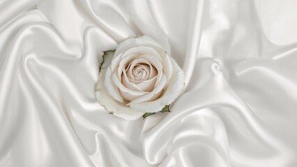 A white rose resting on smooth, silky satin fabric.