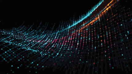 어두운 배경 위에서 역동적으로 움직이는 파란색과 주황색의 디지털 데이터 흐름 또는 광선 추상 벡터 배경 디자인.