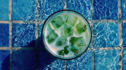 Refreshing drink in glass, ice cubes, rippled water, blue tiles