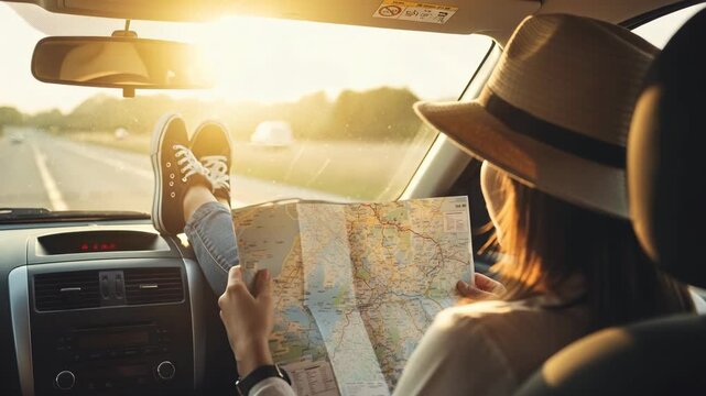 Woman in a hat reading a map in a car during a road trip at sunset