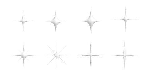 Naklejka premium Set of grainy sparkle stars with soft glow and halftone texture. Minimal light bursts and radiant highlights for decoration, clean graphic accents, twinkle effects and abstract shimmering design