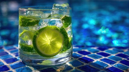 Refreshing lime drink with ice in a glass, against a vibrant blue mosaic pool background