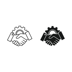 Two handshake icons with a gear in the center in outline and solid black styles