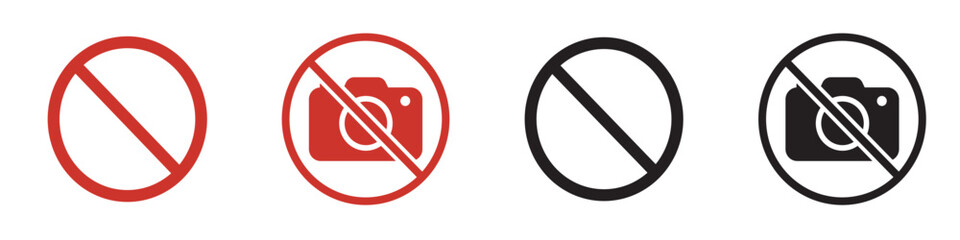 No photography icon set. Minimal linear and solid styles with clean camera and prohibition mark details. Symbol of no photos, restricted shooting and image ban – stock vector © Mr. Stocker