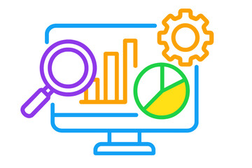 Data analytics graphic with charts, magnifying glass, and gears business intelligence tools