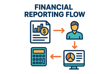Financial reporting flow infographic showing documents, person, and calculator