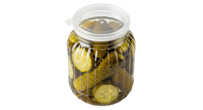 Pickled cucumbers in a glass jar isolated PNG, homemade gherkins with spices on transparent background, traditional fermented food