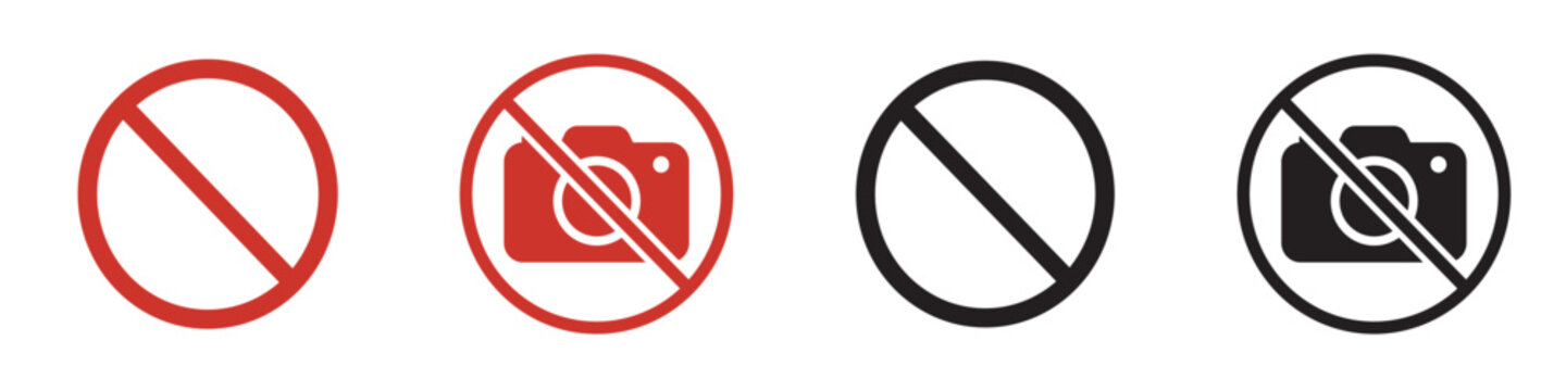 No photography icon set. Minimal linear and solid styles with clean camera and prohibition mark details. Symbol of no photos, restricted shooting and image ban &ndash; stock vector