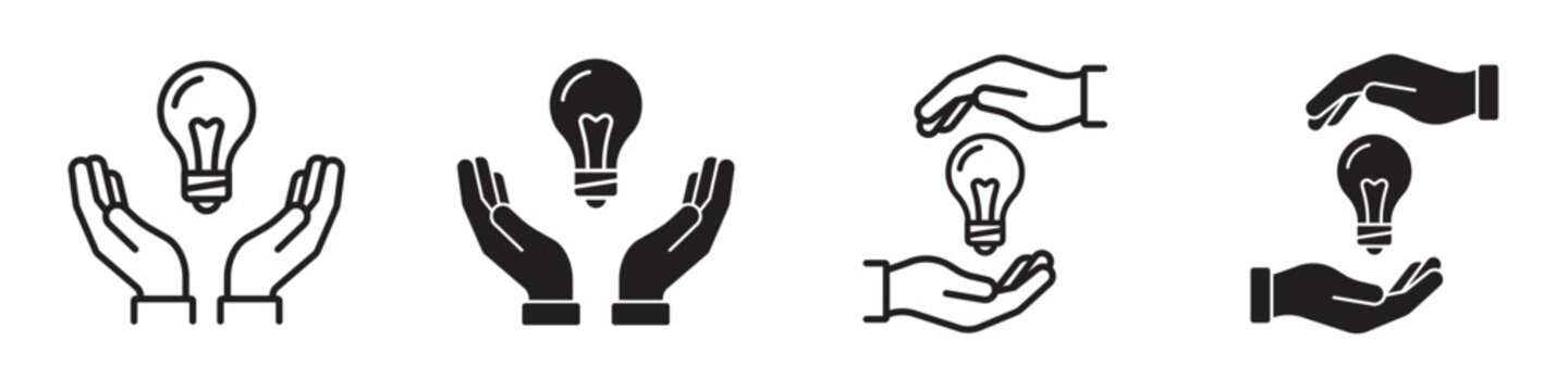 Idea protection icon set. Minimal linear and solid styles with clean bulb and hand details. Symbol of creativity, innovation and supported ideas &ndash; stock vector