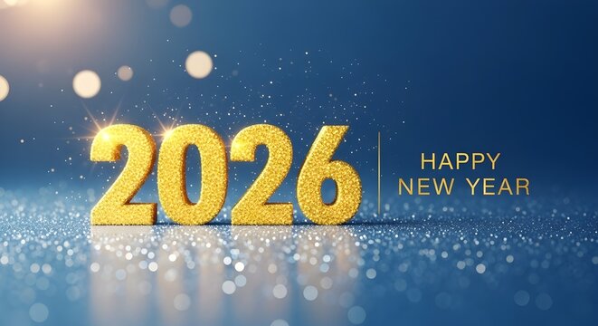 Happy new year 2026 golden glitter numbers on sparkling festive blue background design concept