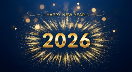 Happy new year 2026 celebration with golden glitter explosion on elegant blue background design
