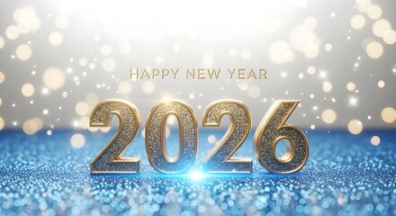 Golden glitter 2026 happy new year, festive celebration with sparkling blue and bokeh lights.