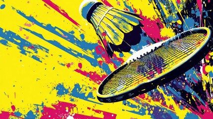 A vibrant graphic of a badminton shuttlecock and racket, in motion, against a background of bold, colorful splashes