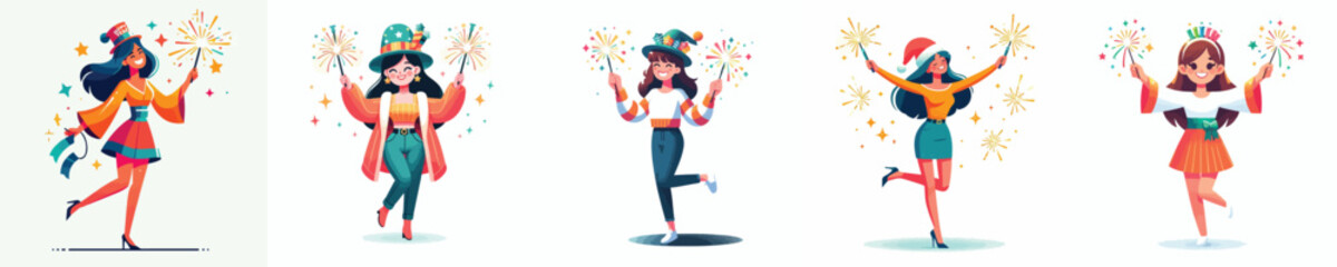 vector woman playing fireworks new year celebration