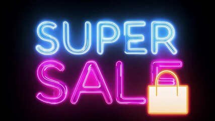 Bright neon sign announces a super sale with a shopping bag illustration, perfect for retail promotions.
