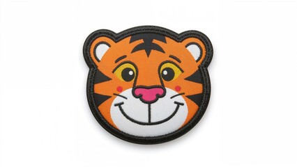 Colorful tiger face patch with a smiling expression, cartoon style, suitable for embellishments or clothing accessories.