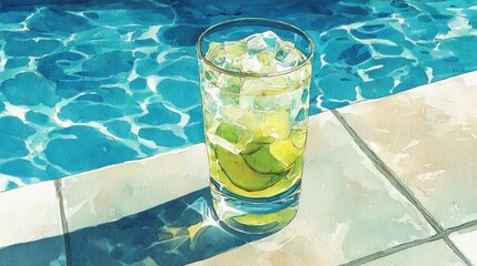 A glass of refreshing drink, by a pool