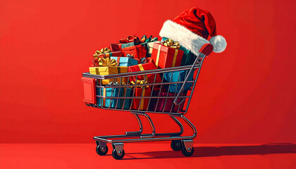 Fototapeta premium Un carrito de supermercado lleno de paquetes de regalo decorados con lazo, con un gorro de Papá Noel, aislado sobre fondo rojo para publicidad de compras de navidad