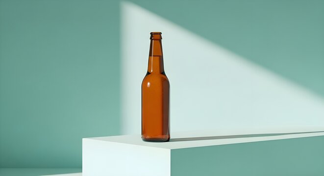 Refreshing craft beer bottle with amber hue and cool light shadow for summer vibes, perfect for restaurant menu or bar promotion, celebrate and enjoy life