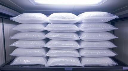 Numerous white sealed polyethylene bags filled with powdery material stacked neatly in a storage facility