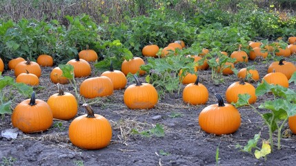 Orange pumpkins in a field during the autumn harvest