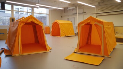 Orange temporary shelter tents with frames and poles are set up indoors for display or assembly