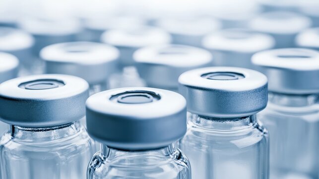 Numerous empty vaccine vials arranged in a clean sterile laboratory setting ready for medical use