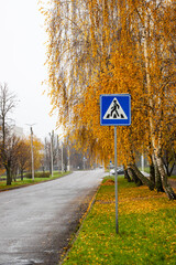 Autumn scene with yellow leaves, pedestrian sign, and wet road in a quiet urban area
