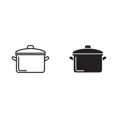 Two simple cooking pots one outlined and one solid black isolated on white background